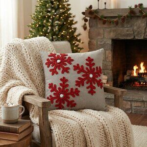 Pillow Perfect Country Home Snowflakes Grey/Red 15.5-inch Throw Pillow